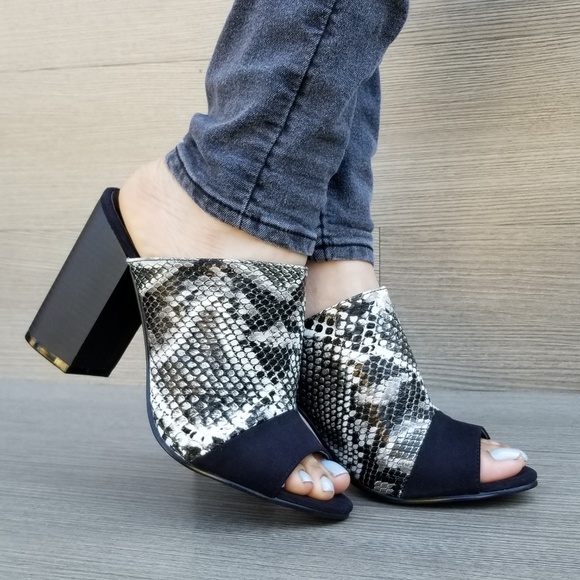 Snake Print Open Toe Slip on Chunky High Heel - Picture 3 of 8